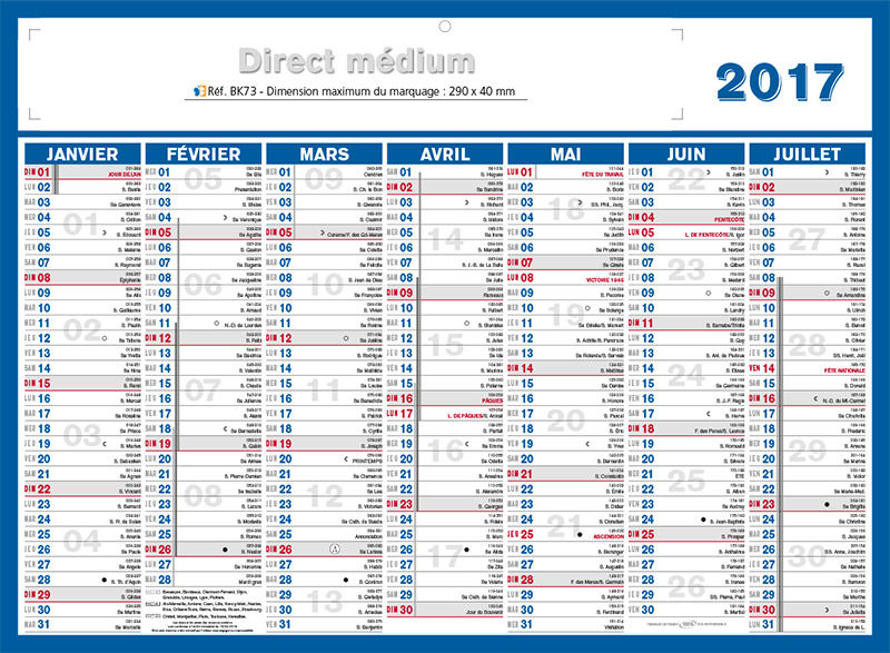 calendrier quantieme 2017