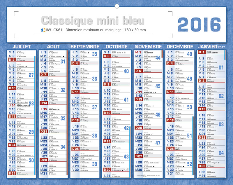 Calendrier publicitaire petit format 2016 | Calendriers bancaires