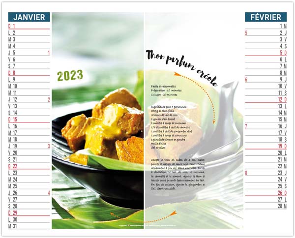 Calendrier 2 en 1 publicitaire - Plats et desserts - 330 x 470