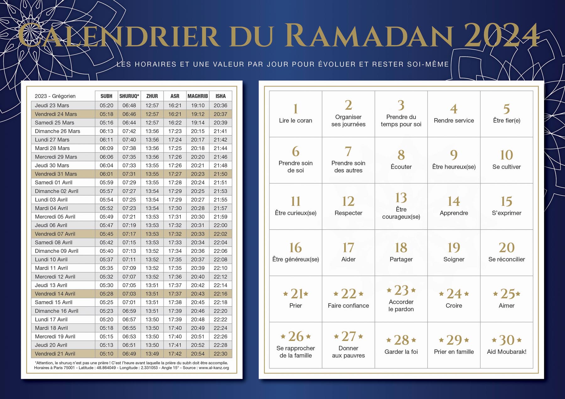 Calendrier ramadan