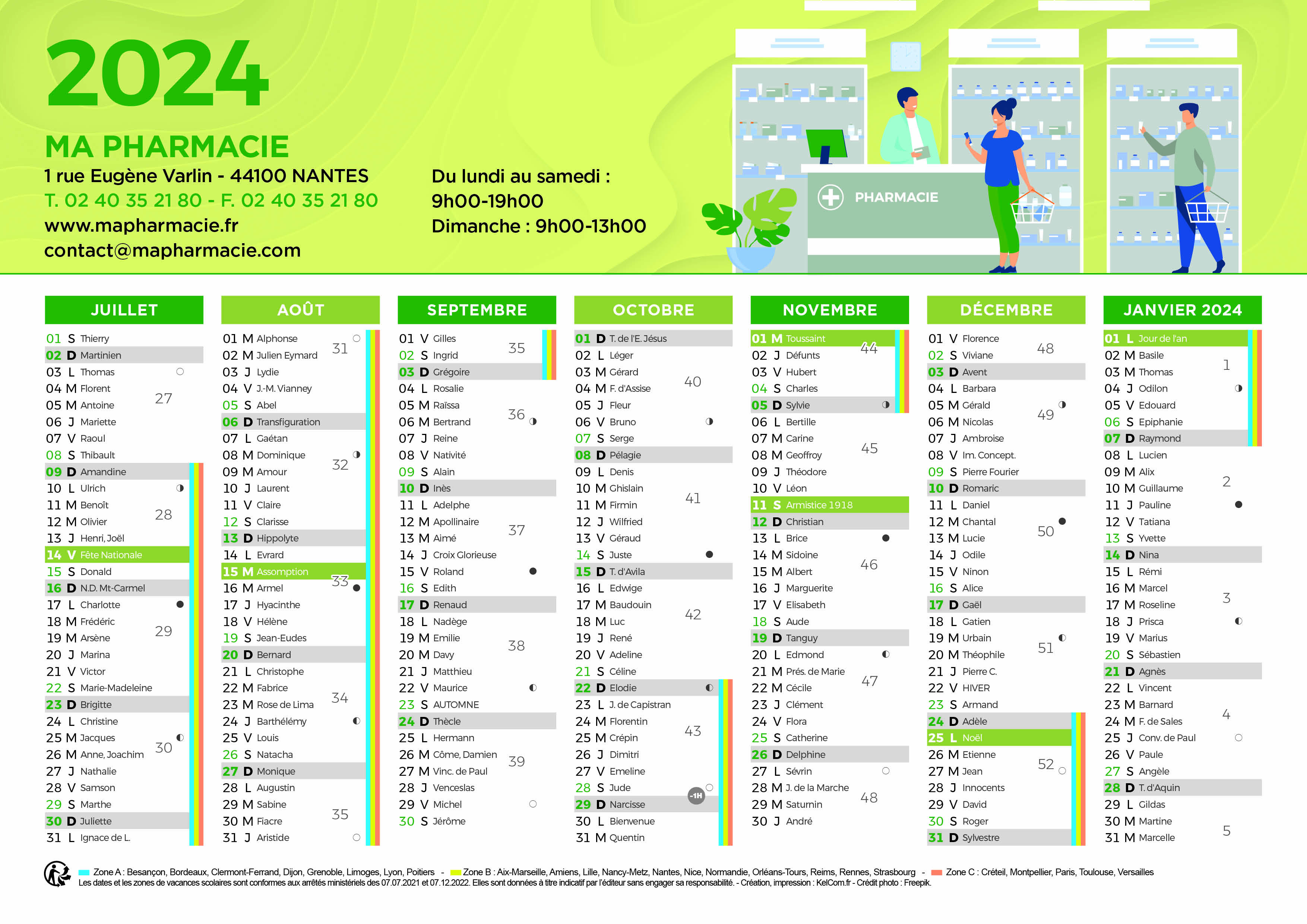 Calendrier bancaire 2021 personnalisé Pharmacie - TG204 - 66 x 43 cm