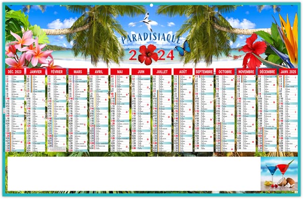 Calendrier bancaire personnalisé 2024 - paradisiaque - 650 x 405 mm