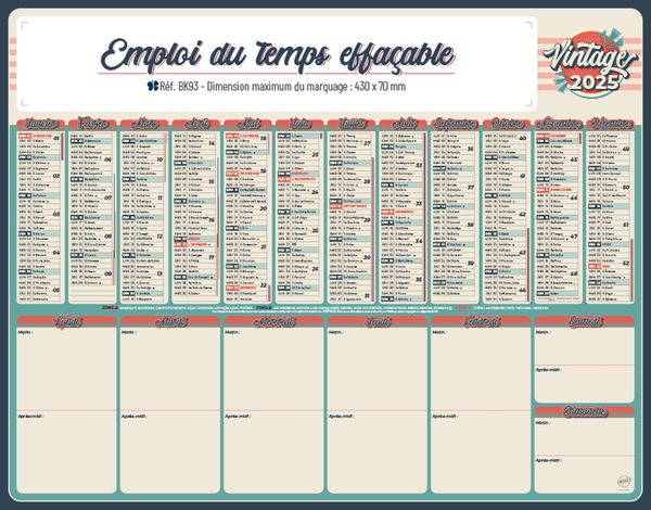 Calendrier planning publicitaire effaçable, Planning Effaçable