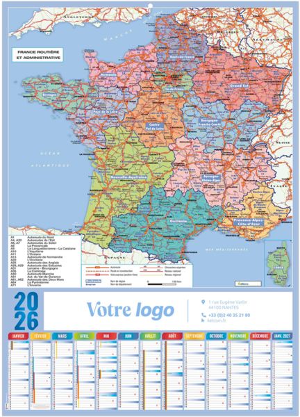Calendrier entreprise XXL effaçable mural régions 2026